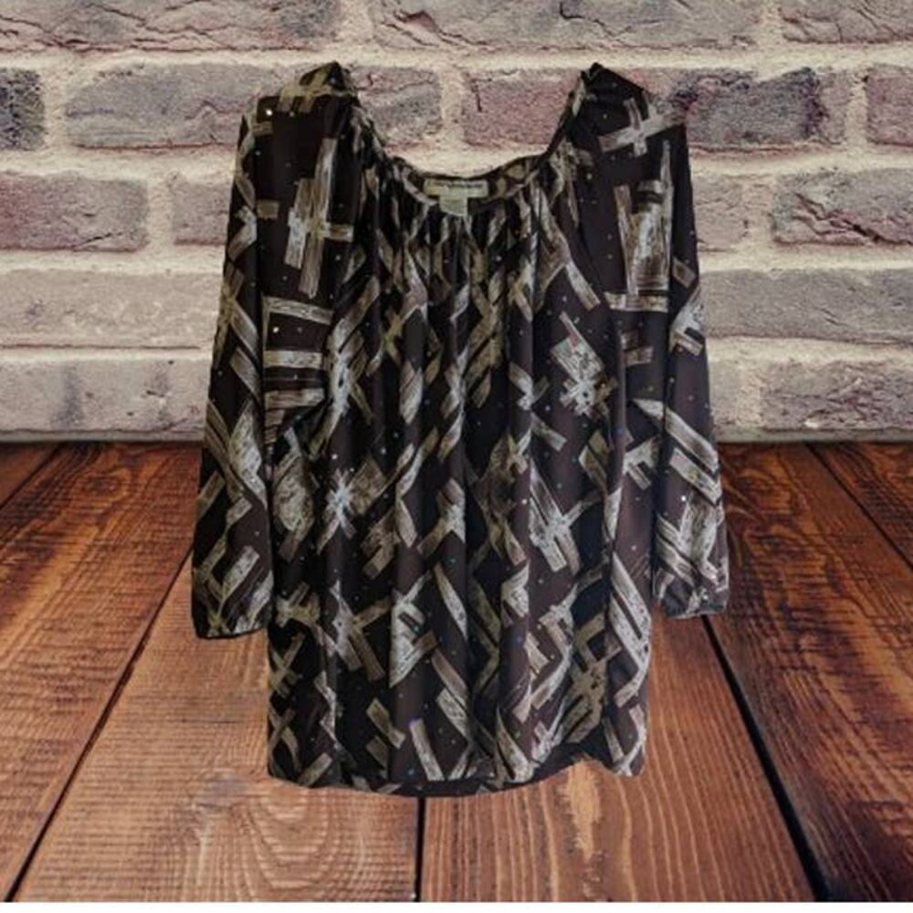 Kathy Daniels XL 3/4 sleeve brown and tan poly blend stretch woman's top. Office